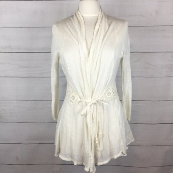 Anthro Knitted & Knotted Linen Cardigan Ivory M - Picture 2 of 7